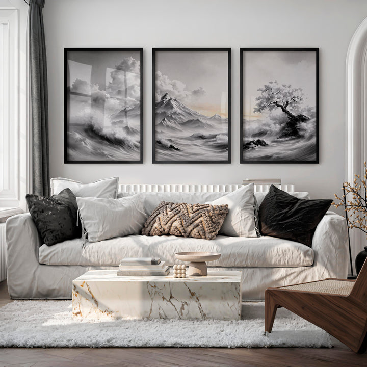 Japanese Wall Posters Featuring Textured Circles and Botanical Lines - Black Framed Poster No Border - Artworksets
