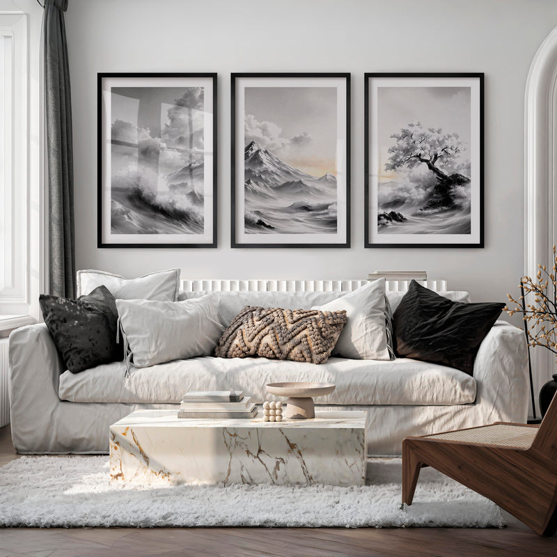 Japanese Wall Posters Featuring Textured Circles and Botanical Lines - Black Framed Poster with White Border - Artworksets