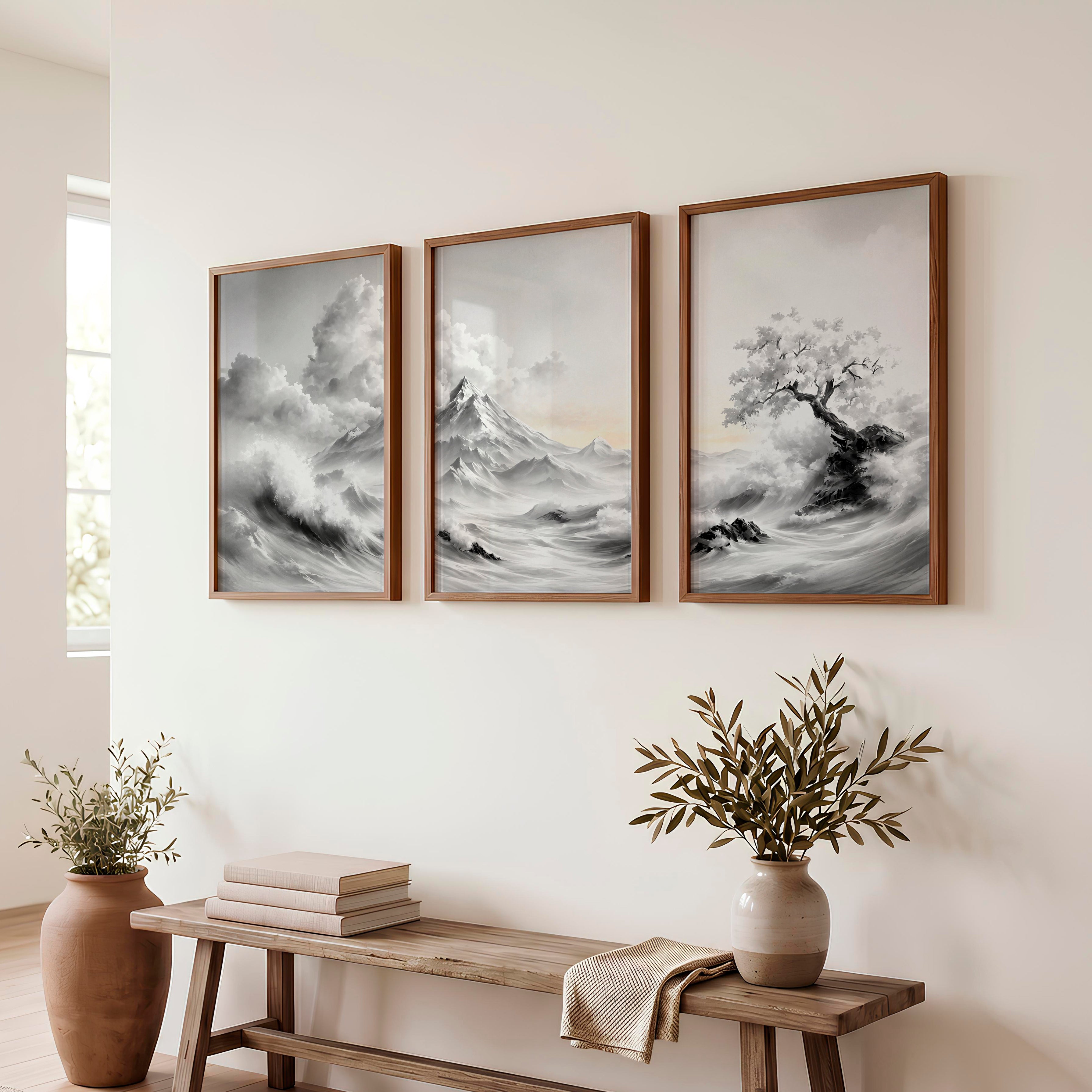 Japanese Wall Posters Featuring Textured Circles and Botanical Lines - Dark Brown Framed Poster No Border - Artworksets