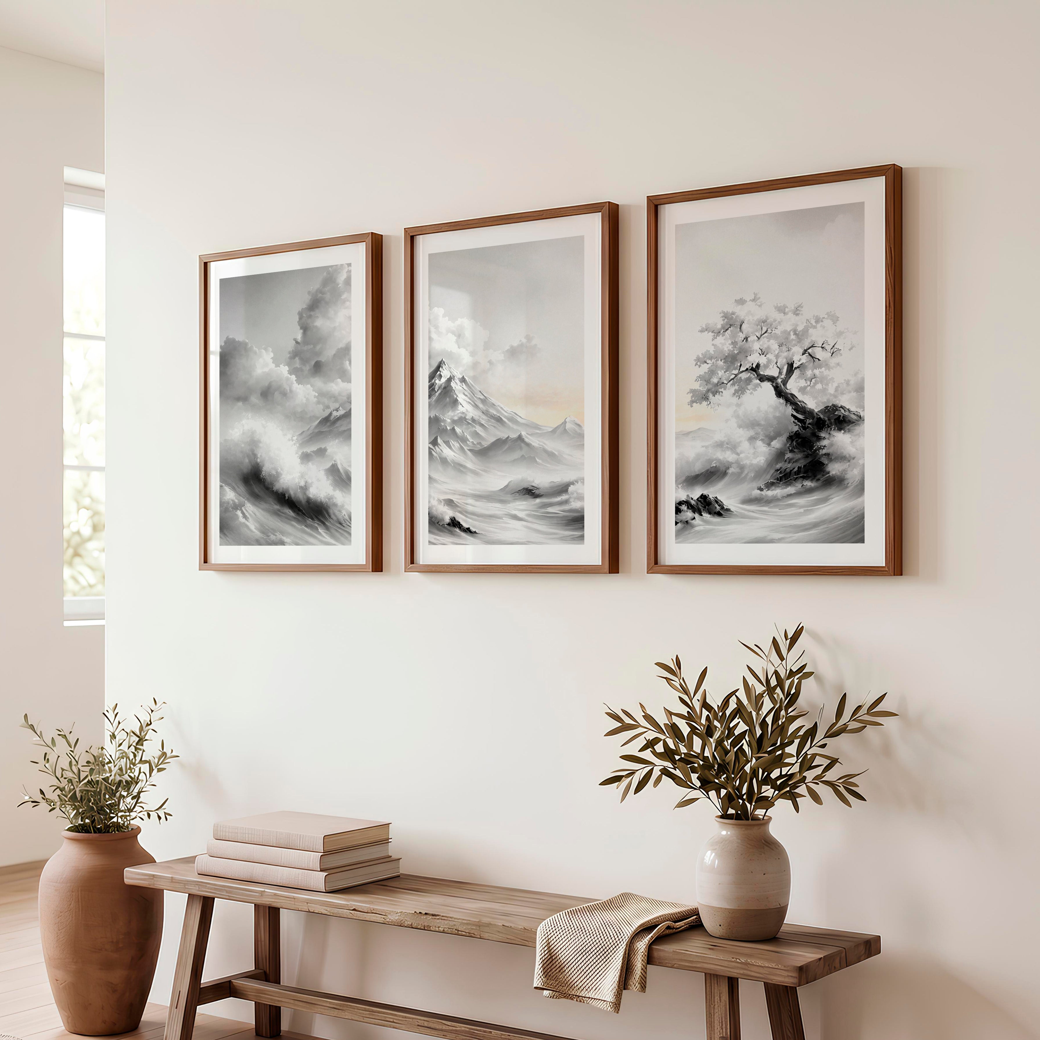 Japanese Wall Posters Featuring Textured Circles and Botanical Lines - Dark Brown Framed Poster with White Border - Artworksets