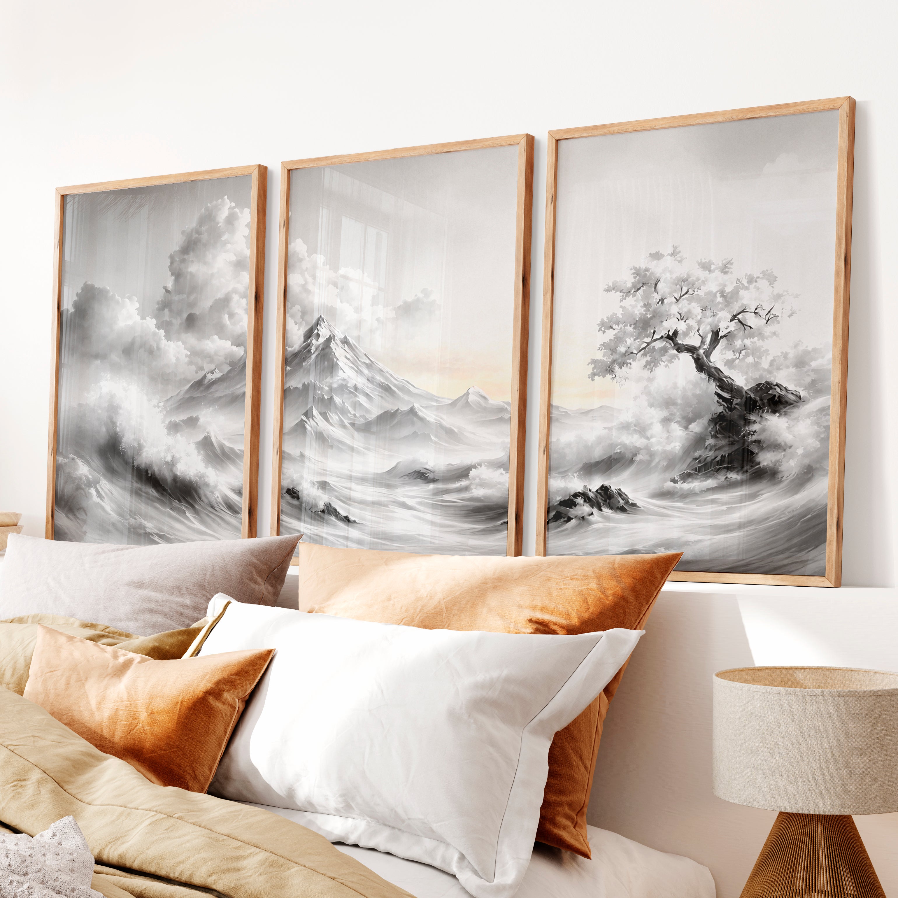 Japanese Wall Posters Featuring Textured Circles and Botanical Lines - Natural Wood Framed Poster No Border - Artworksets