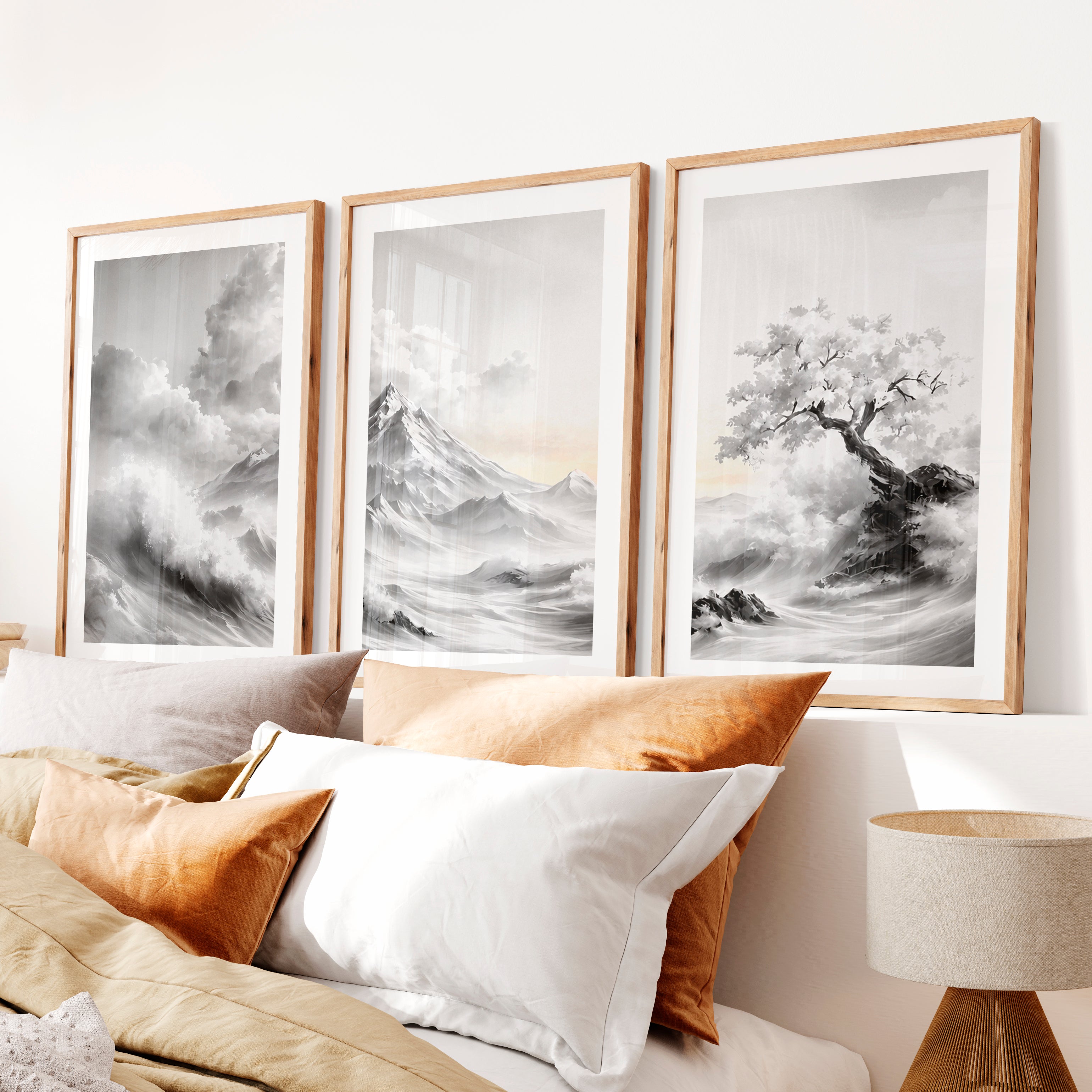 Japanese Wall Posters Featuring Textured Circles and Botanical Lines- Natural Wood Framed Poster with White Border - Artworksets
