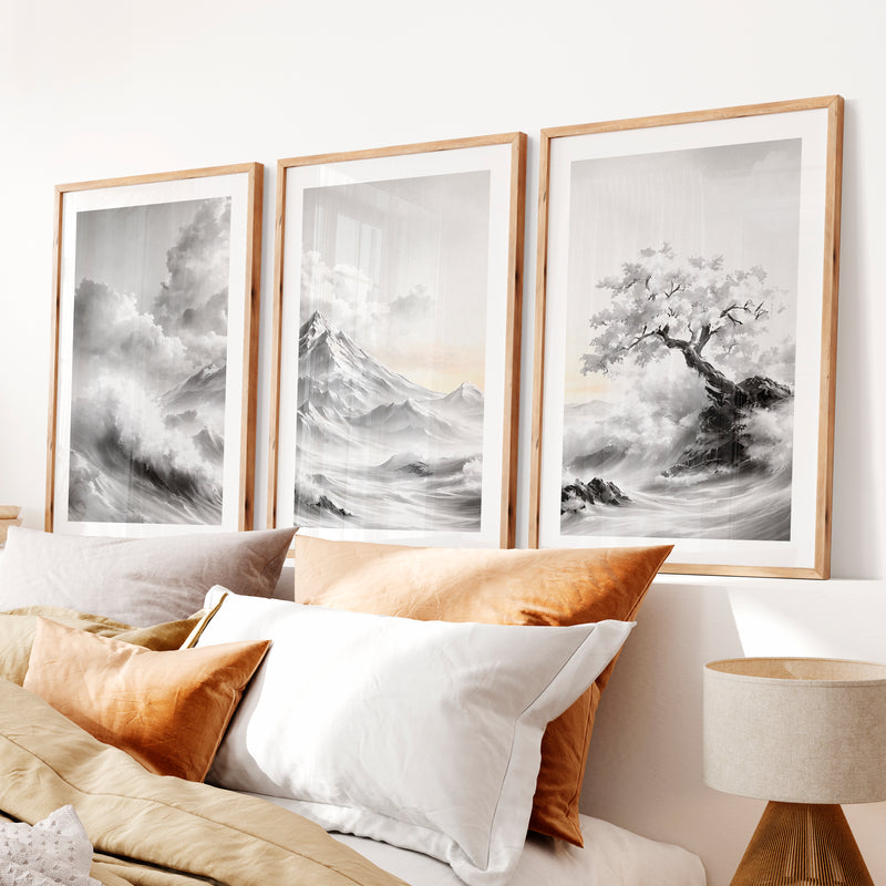 Japanese Wall Posters Featuring Textured Circles and Botanical Lines- Natural Wood Framed Poster with White Border - Artworksets