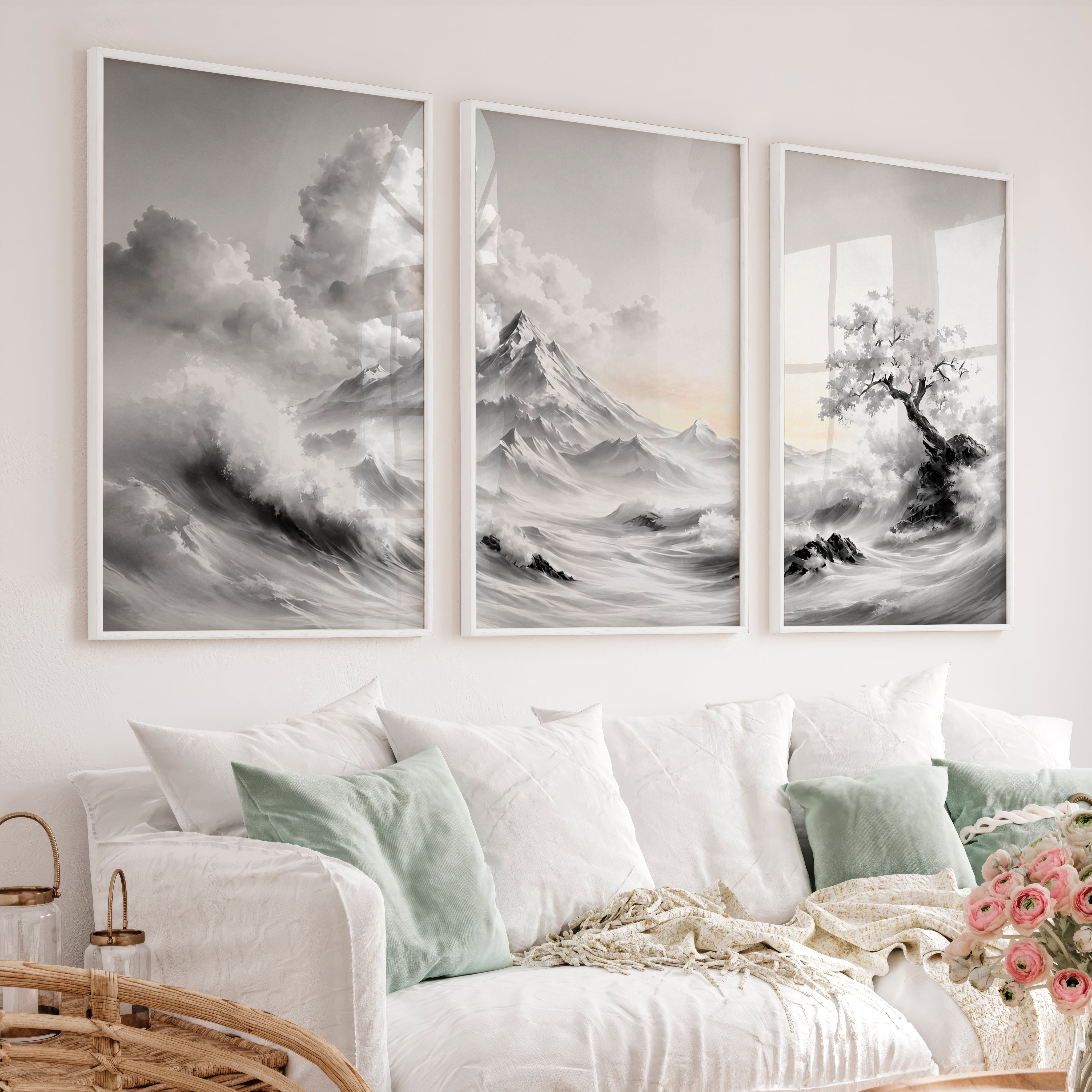 Japanese Wall Posters Featuring Textured Circles and Botanical Lines - White Framed Poster No Border - Artworksets