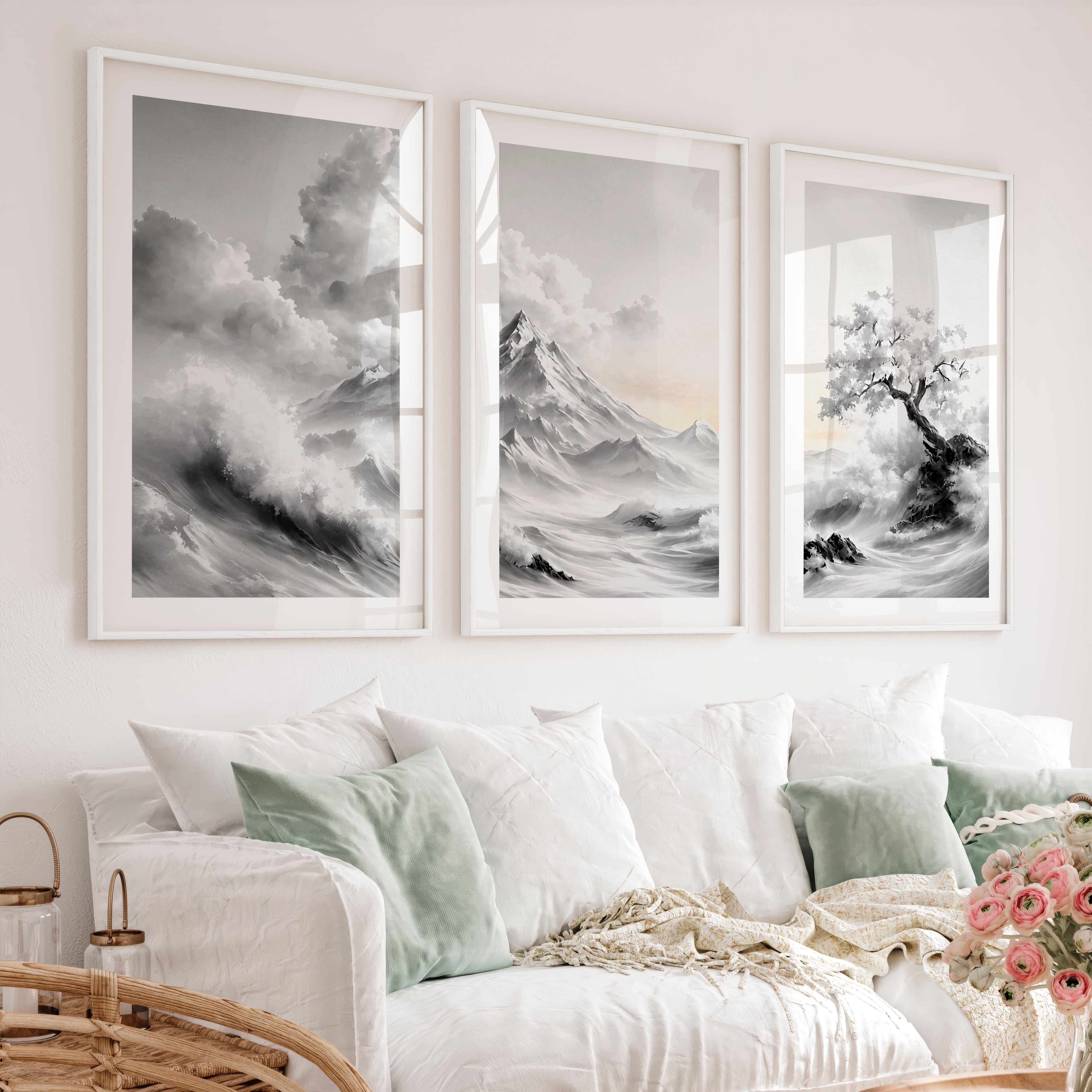 Japanese Wall Posters Featuring Textured Circles and Botanical Lines - White Framed Poster with White Border - Artworksets