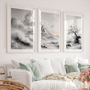 Japanese Wall Posters Featuring Textured Circles and Botanical Lines - White Framed Poster with White Border - Artworksets