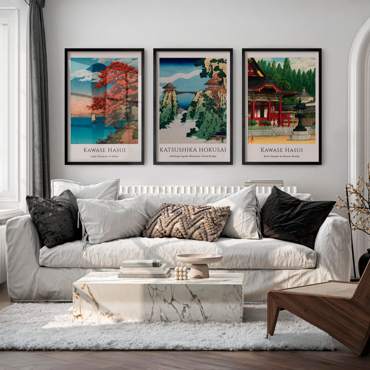 Japanese Wall Print with Temple and Fuji Views - Black Framed Poster No Border - Artworksets