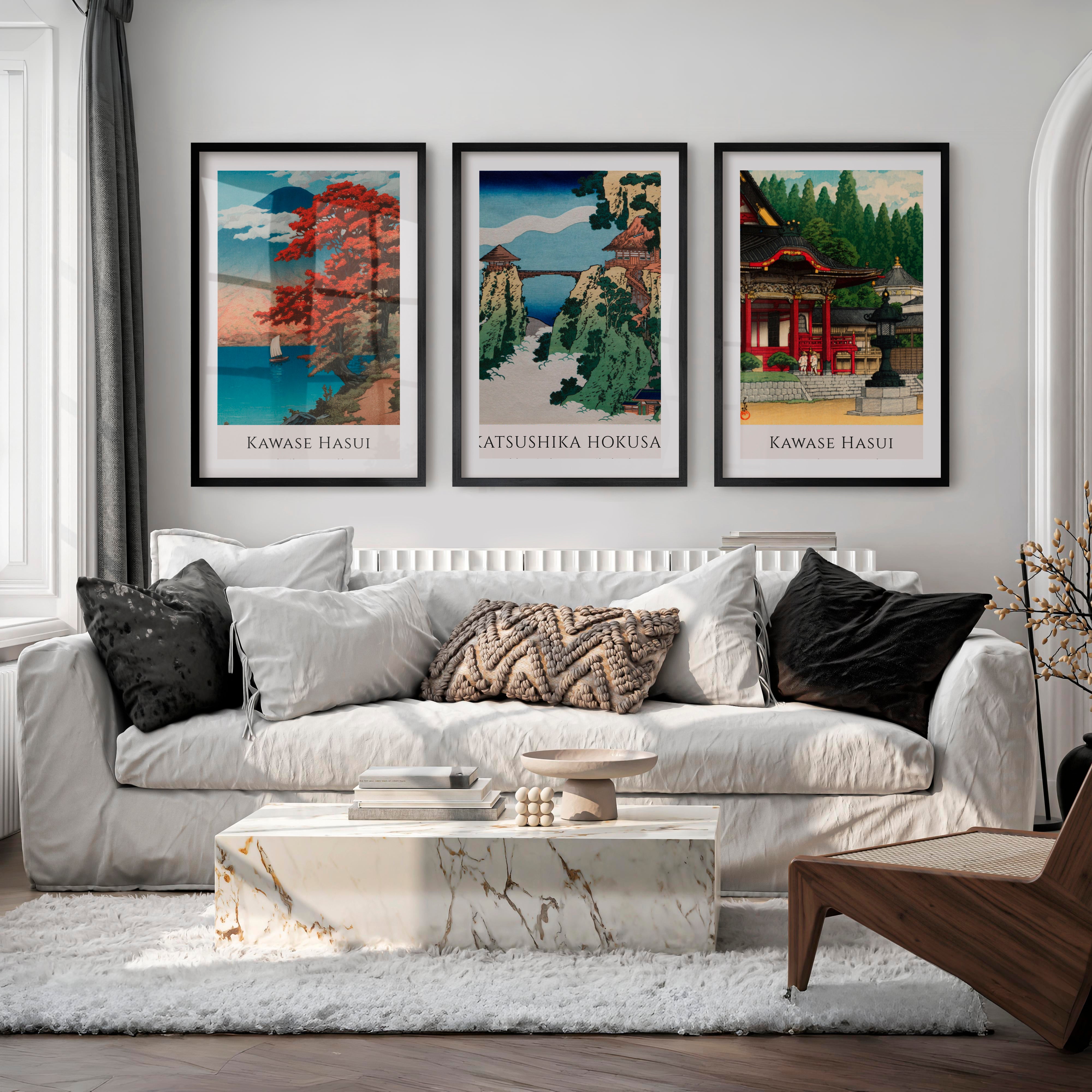 Japanese Wall Print with Temple and Fuji Views - Black Framed Poster with White Border - Artworksets