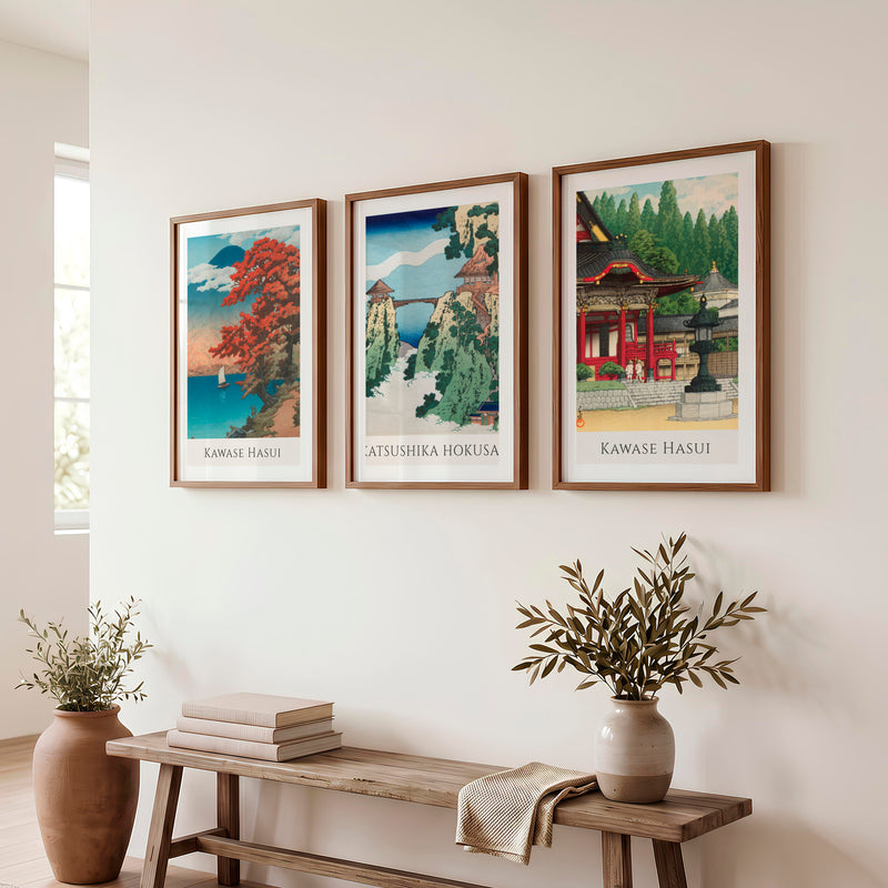 Japanese Wall Print with Temple and Fuji Views - Dark Brown Framed Poster with White Border - Artworksets