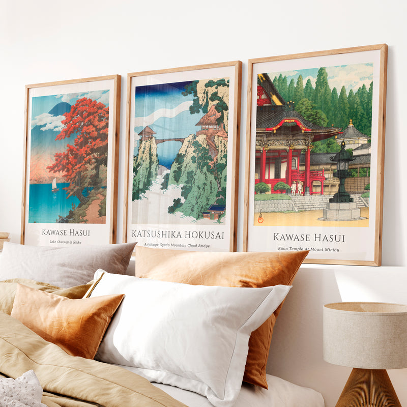Japanese Wall Print with Temple and Fuji Views - Natural Wood Framed Poster No Border - Artworksets