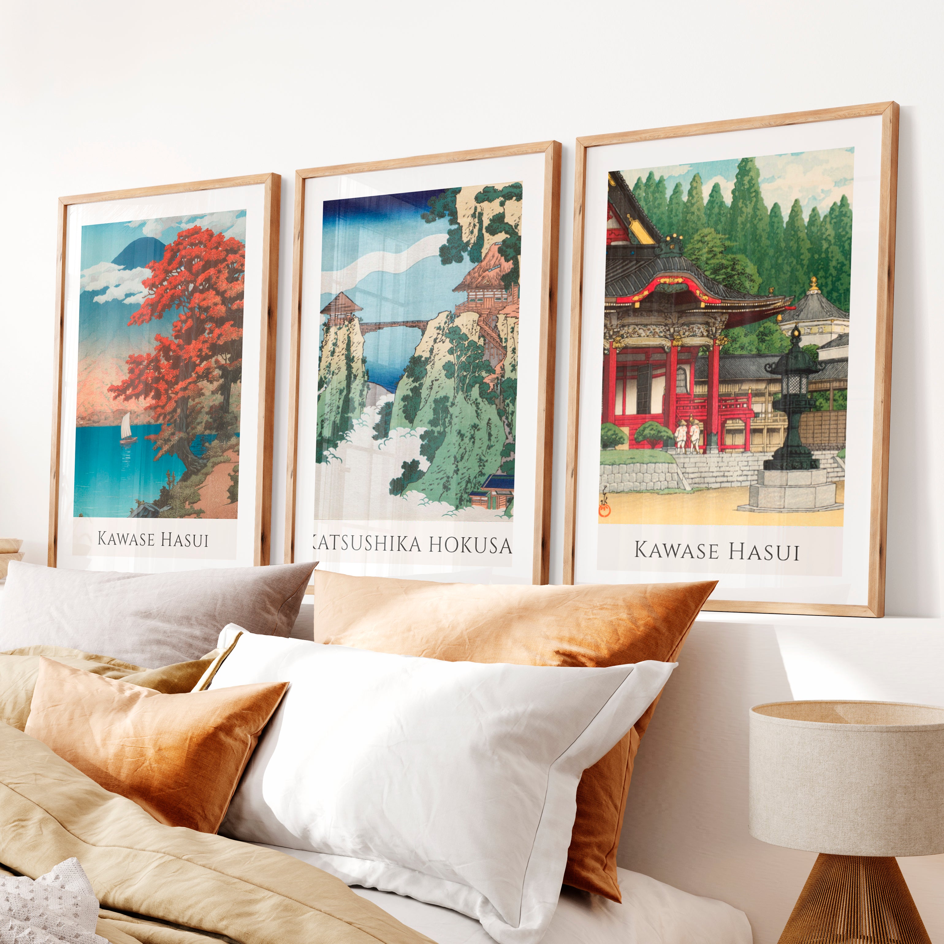Japanese Wall Print with Temple and Fuji Views- Natural Wood Framed Poster with White Border - Artworksets