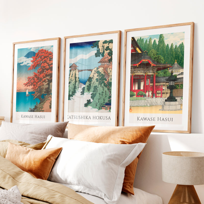Japanese Wall Print with Temple and Fuji Views- Natural Wood Framed Poster with White Border - Artworksets
