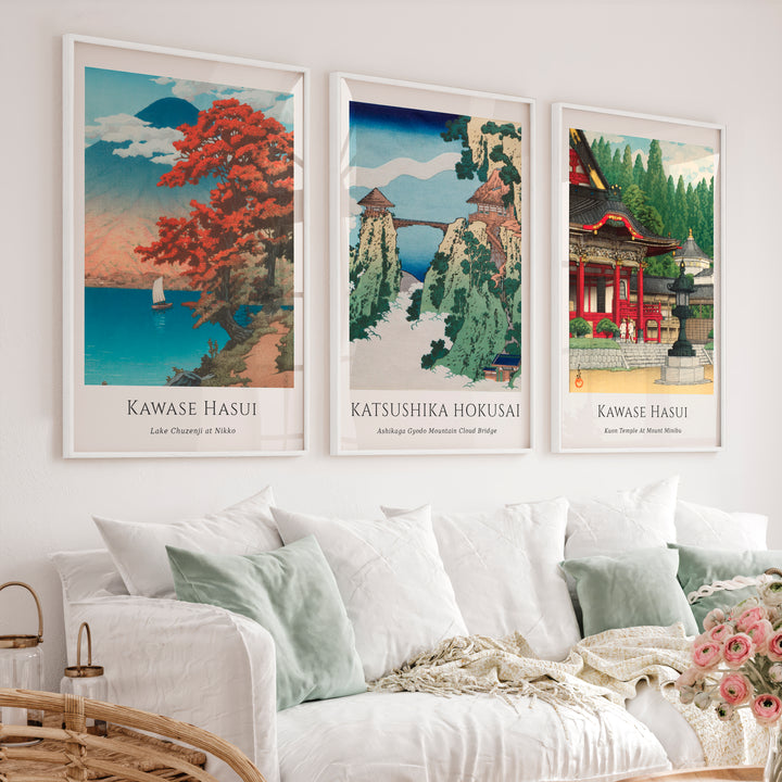 Japanese Wall Print with Temple and Fuji Views - White Framed Poster No Border - Artworksets