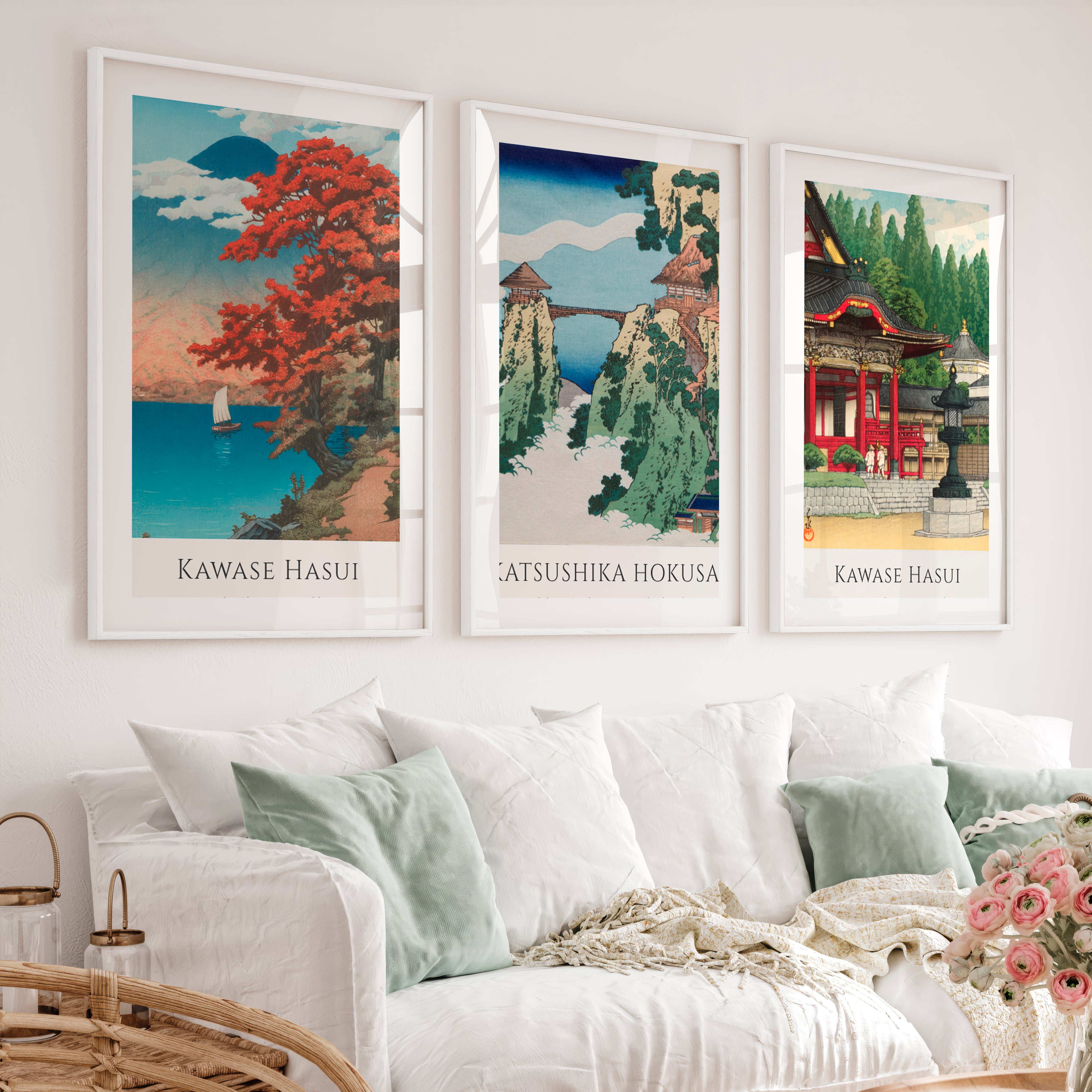 Japanese Wall Print with Temple and Fuji Views - White Framed Poster with White Border - Artworksets
