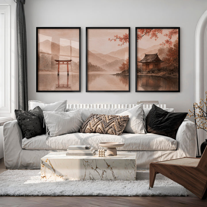 Japanese Wall with Traditional Building and Cherry Blossoms - Black Framed Poster No Border - Artworksets