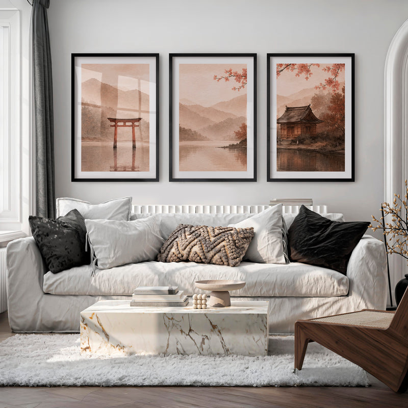Japanese Wall with Traditional Building and Cherry Blossoms - Black Framed Poster with White Border - Artworksets