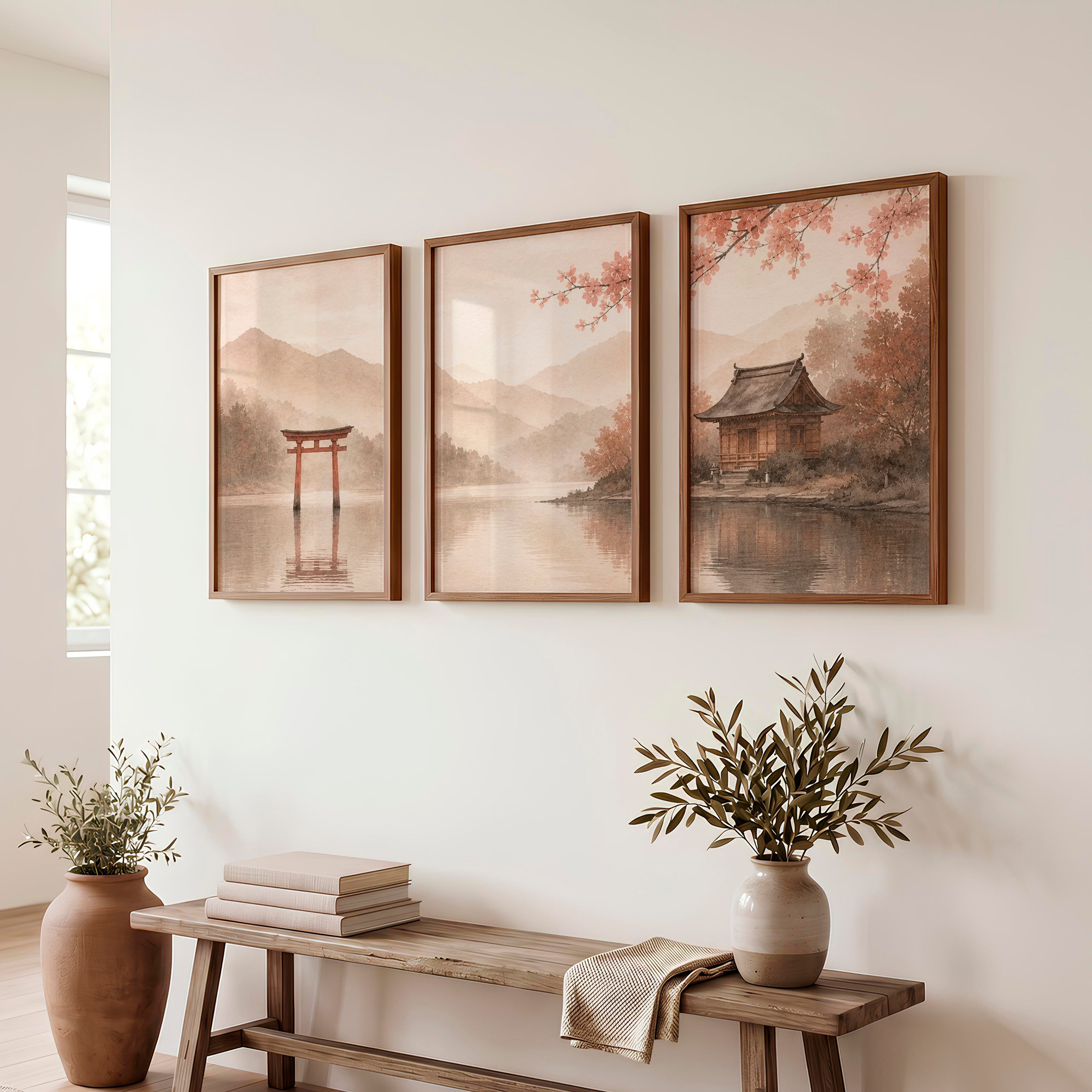 Japanese Wall with Traditional Building and Cherry Blossoms - Dark Brown Framed Poster No Border - Artworksets