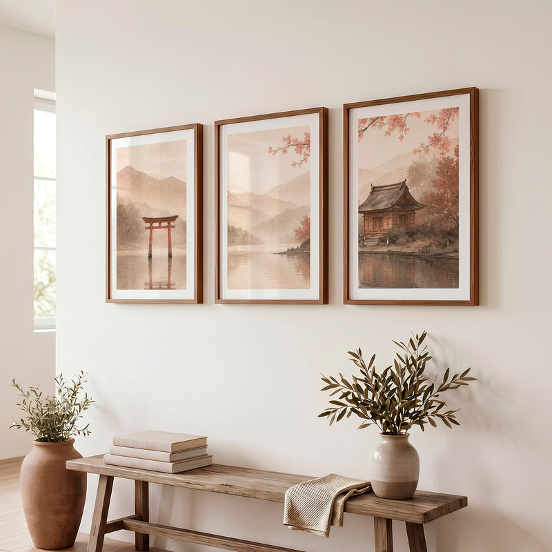 Japanese Wall with Traditional Building and Cherry Blossoms - Dark Brown Framed Poster with White Border - Artworksets