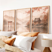 Japanese Wall with Traditional Building and Cherry Blossoms - Natural Wood Framed Poster No Border - Artworksets