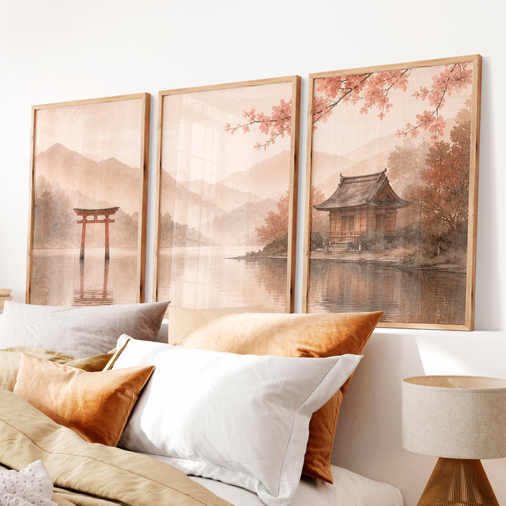 Japanese Wall with Traditional Building and Cherry Blossoms - Natural Wood Framed Poster No Border - Artworksets