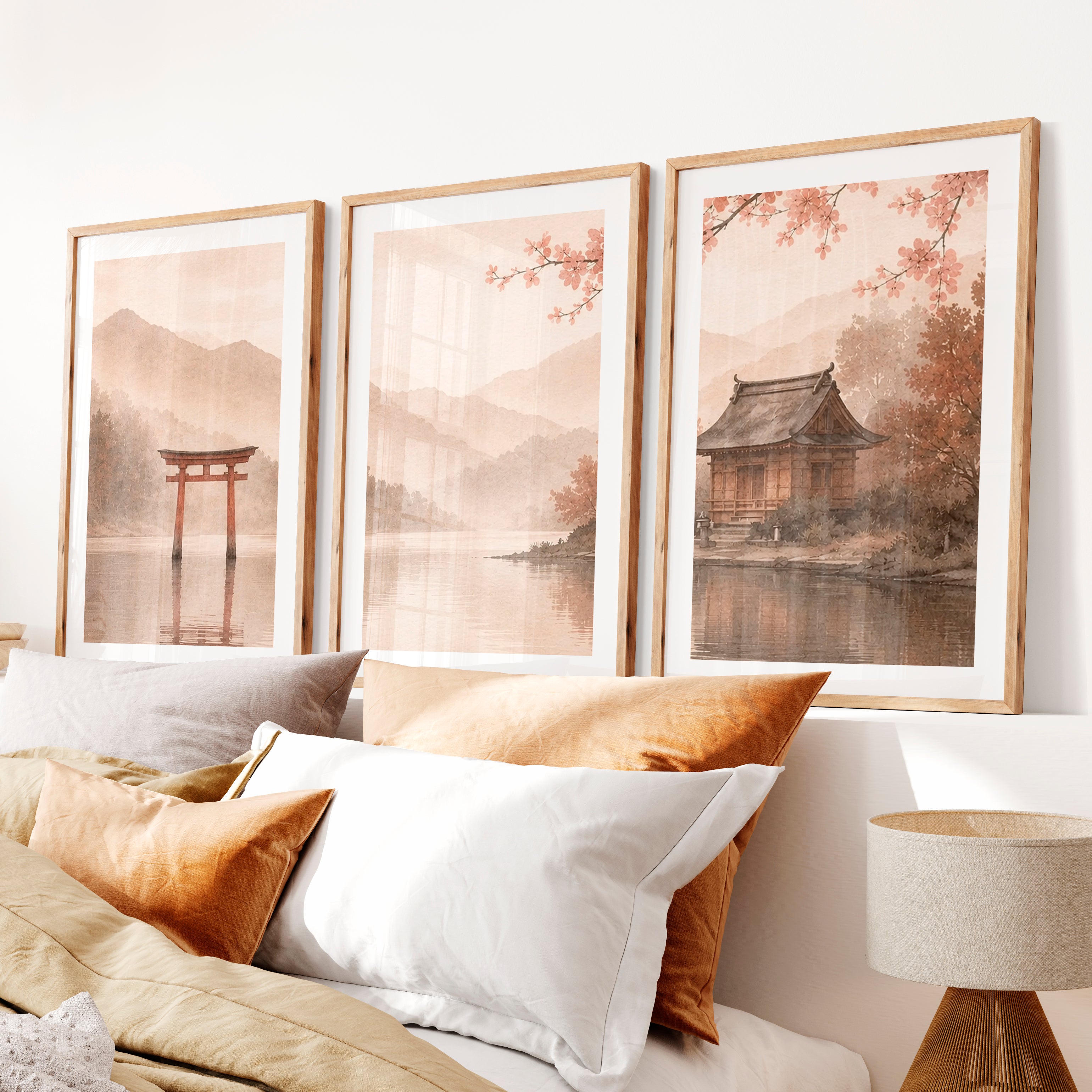 Japanese Wall with Traditional Building and Cherry Blossoms- Natural Wood Framed Poster with White Border - Artworksets