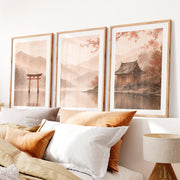 Japanese Wall with Traditional Building and Cherry Blossoms- Natural Wood Framed Poster with White Border - Artworksets