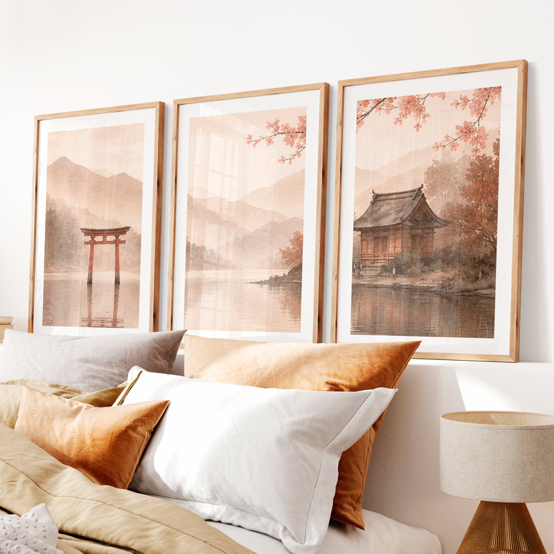 Japanese Wall with Traditional Building and Cherry Blossoms- Natural Wood Framed Poster with White Border - Artworksets