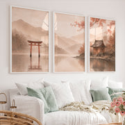 Japanese Wall with Traditional Building and Cherry Blossoms - White Framed Poster No Border - Artworksets