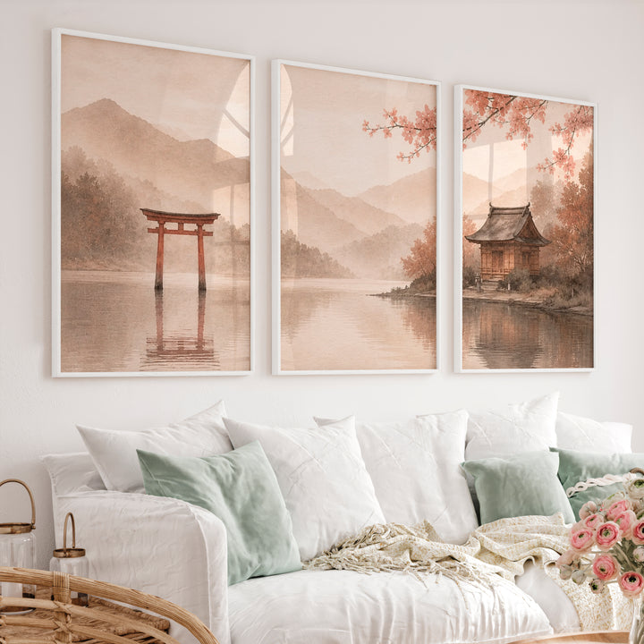 Japanese Wall with Traditional Building and Cherry Blossoms - White Framed Poster No Border - Artworksets