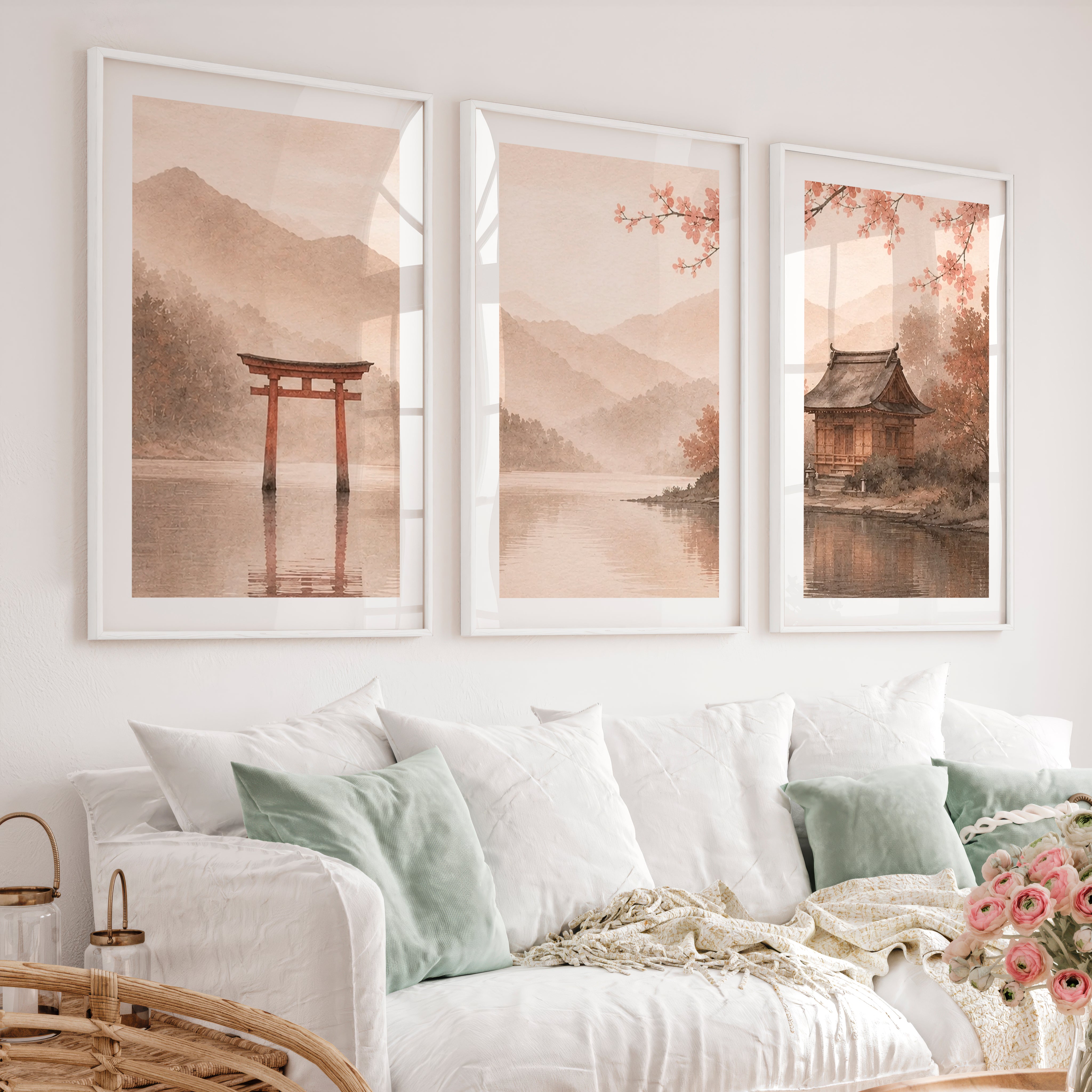 Japanese Wall with Traditional Building and Cherry Blossoms - White Framed Poster with White Border - Artworksets