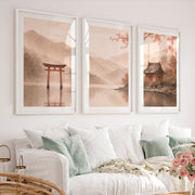 Japanese Wall with Traditional Building and Cherry Blossoms - White Framed Poster with White Border - Artworksets