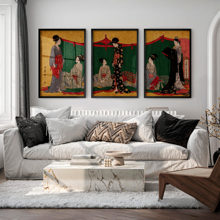 Modern Japanese Wall with Vertical and Horizontal Shapes - Black Framed Poster No Border - Artworksets