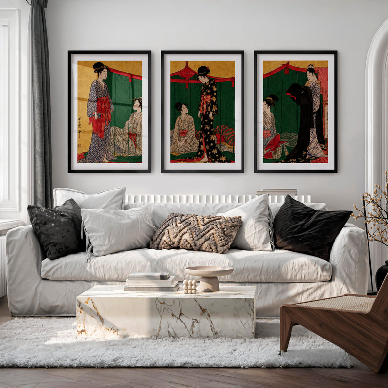 Modern Japanese Wall with Vertical and Horizontal Shapes - Black Framed Poster with White Border - Artworksets