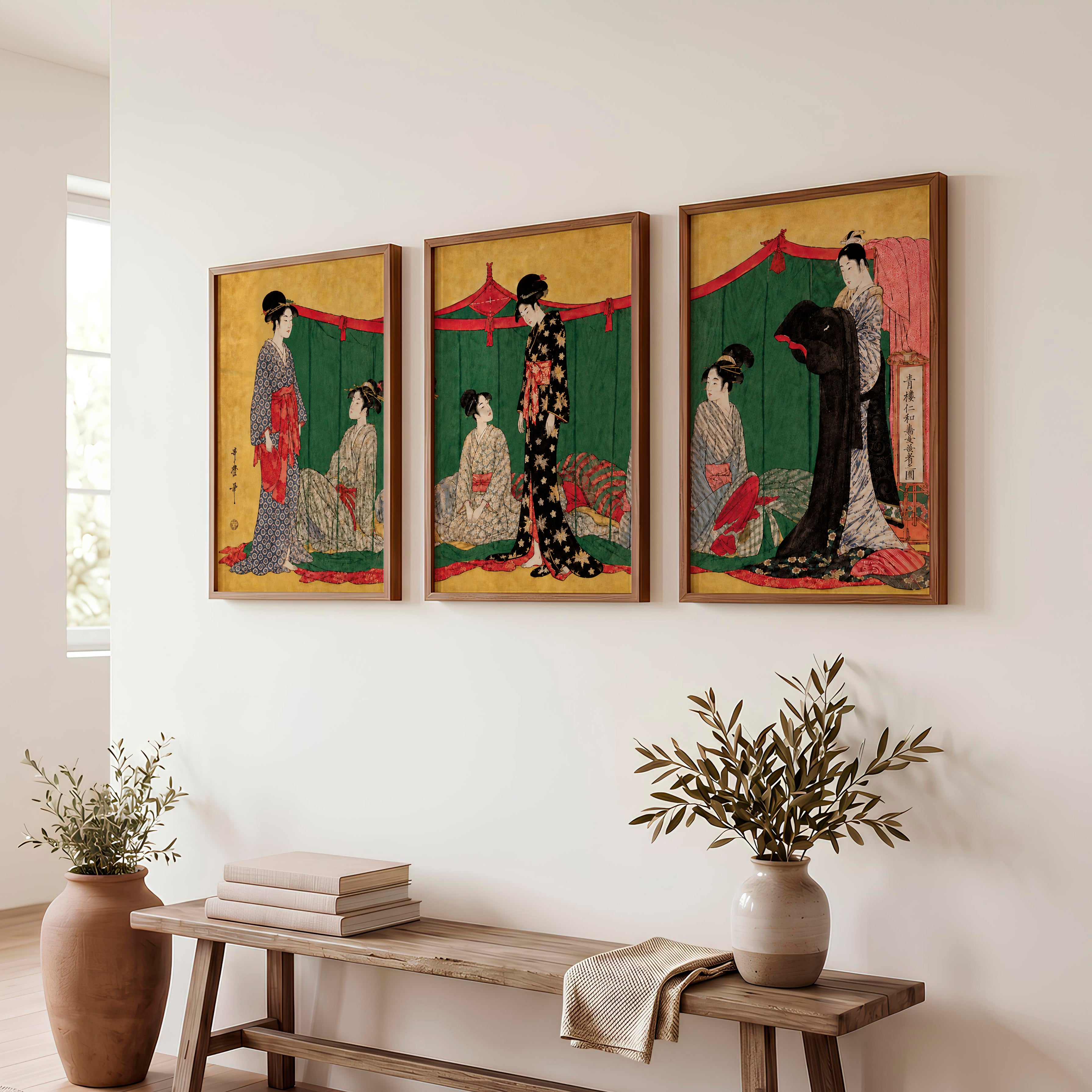 Modern Japanese Wall with Vertical and Horizontal Shapes - Dark Brown Framed Poster No Border - Artworksets
