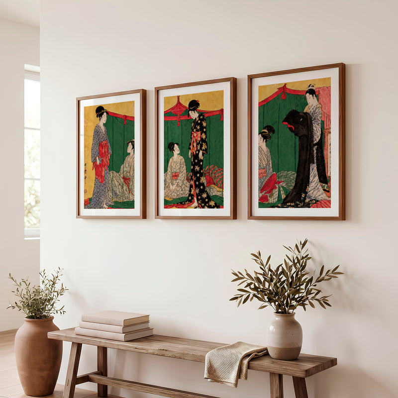 Modern Japanese Wall with Vertical and Horizontal Shapes - Dark Brown Framed Poster with White Border - Artworksets