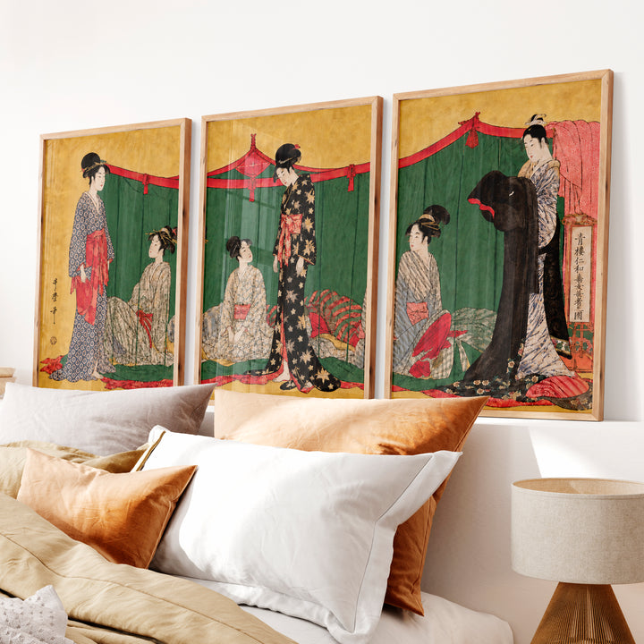 Modern Japanese Wall with Vertical and Horizontal Shapes - Natural Wood Framed Poster No Border - Artworksets
