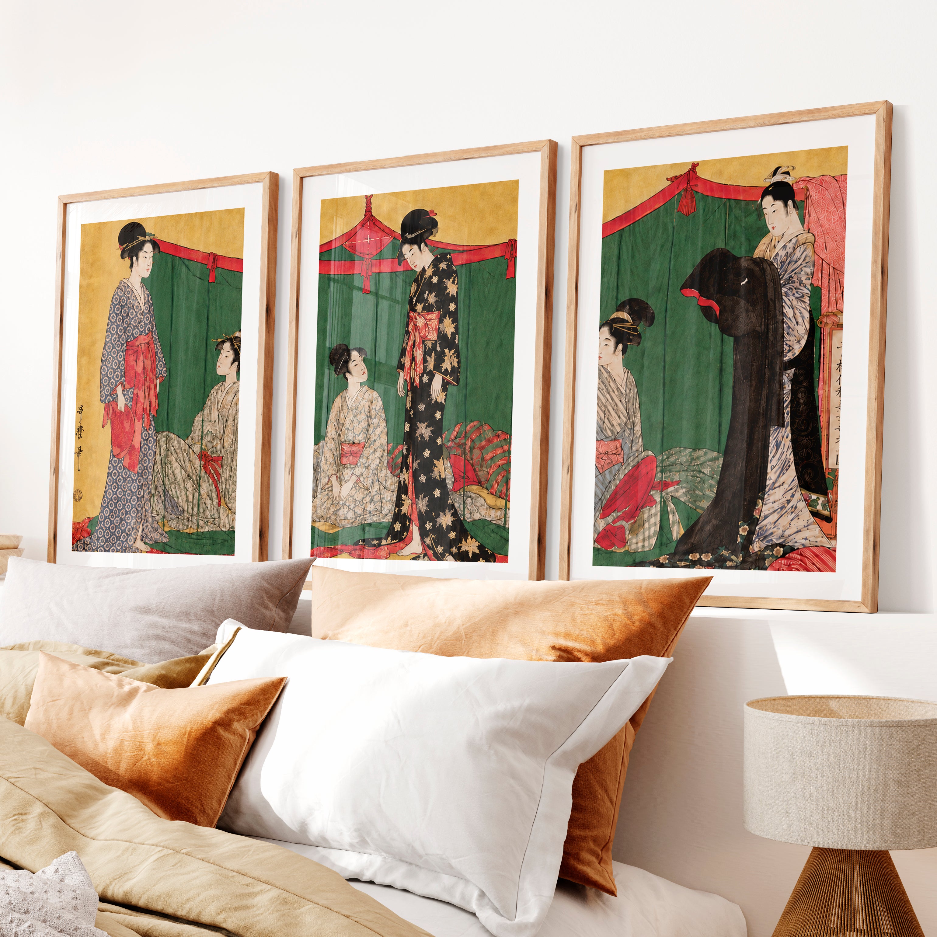 Modern Japanese Wall with Vertical and Horizontal Shapes- Natural Wood Framed Poster with White Border - Artworksets