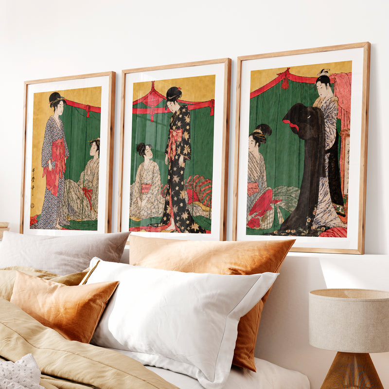 Modern Japanese Wall with Vertical and Horizontal Shapes- Natural Wood Framed Poster with White Border - Artworksets