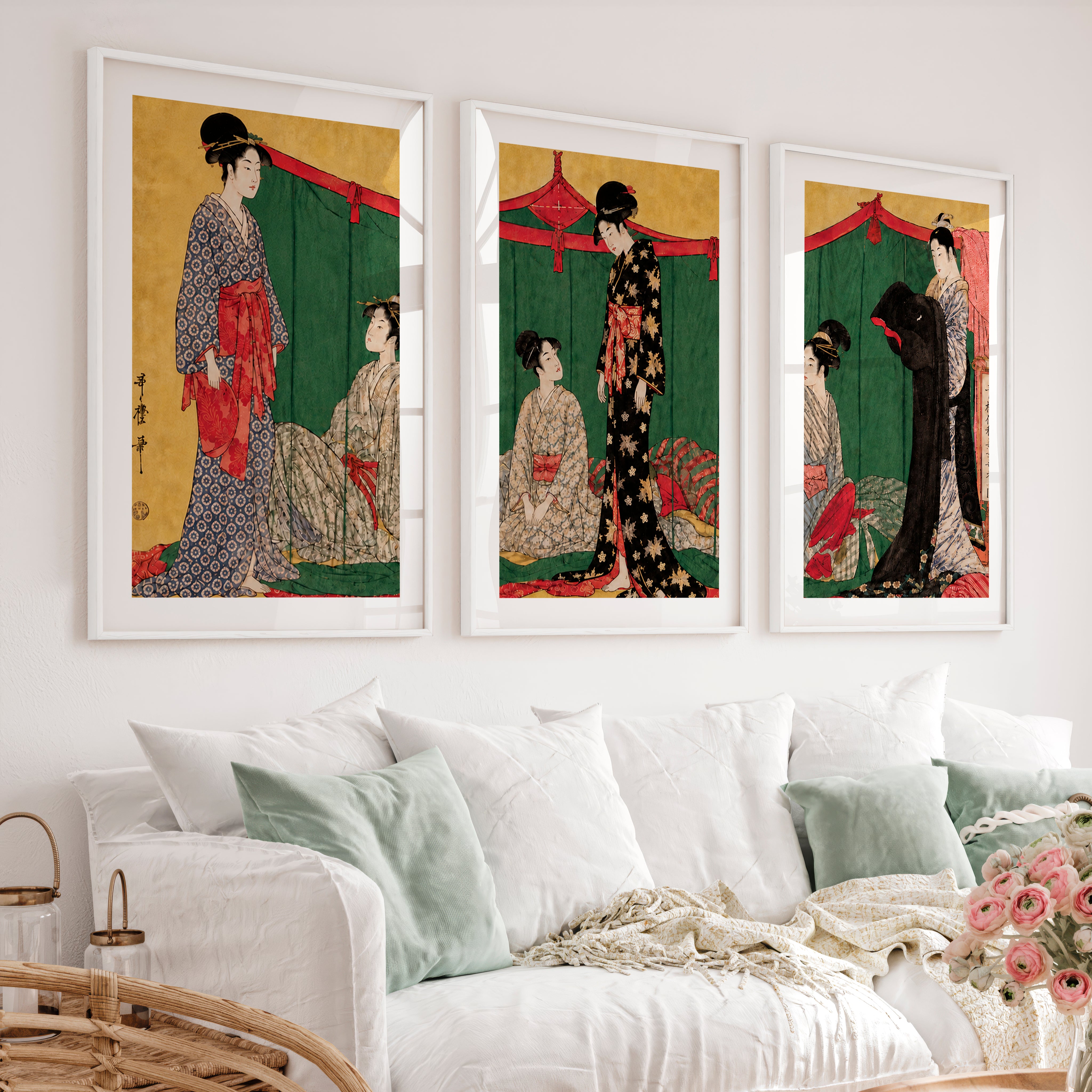 Modern Japanese Wall with Vertical and Horizontal Shapes - White Framed Poster with White Border - Artworksets