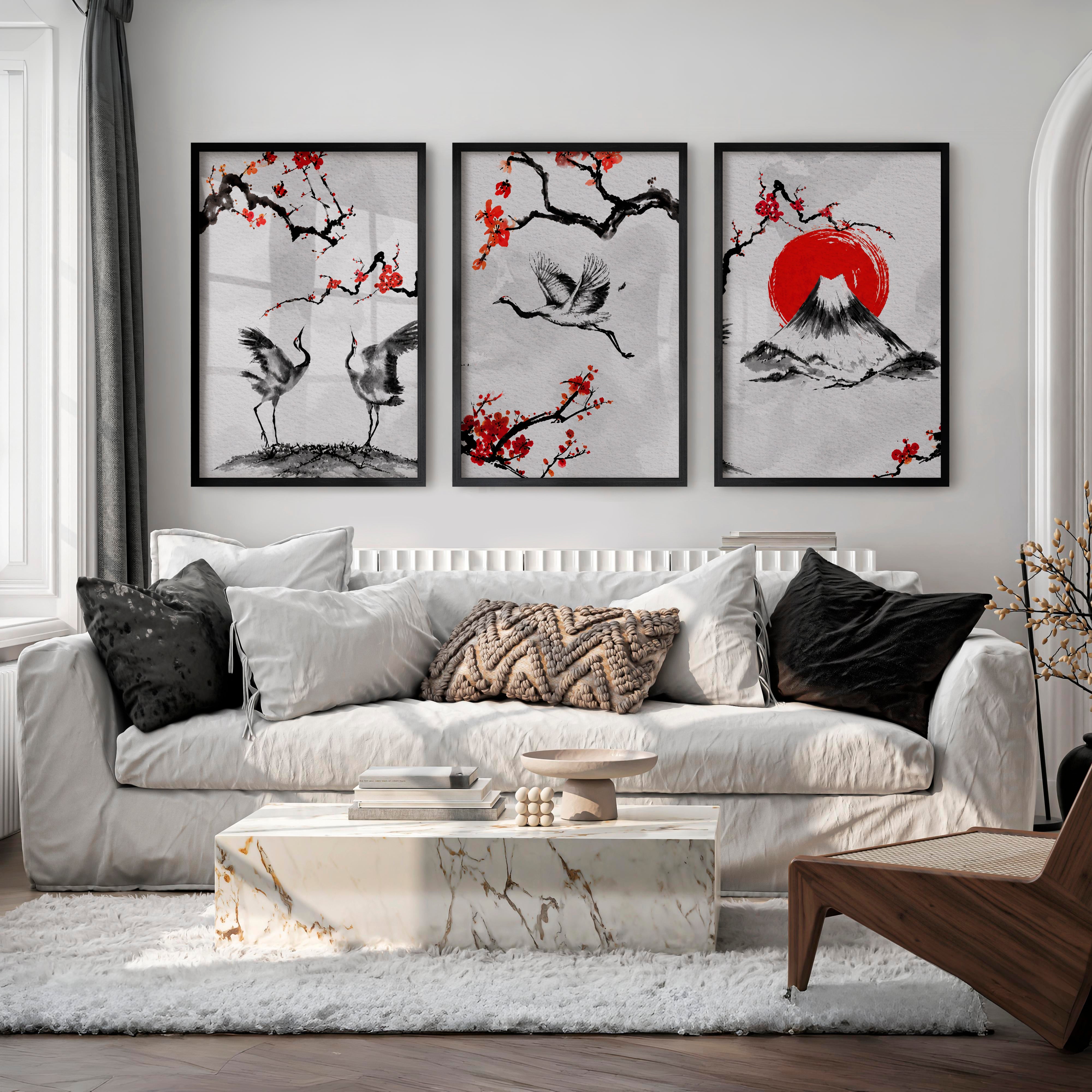 Japanese Wave Art Featuring Ocean Waves and Mountains - Black Framed Poster No Border - Artworksets