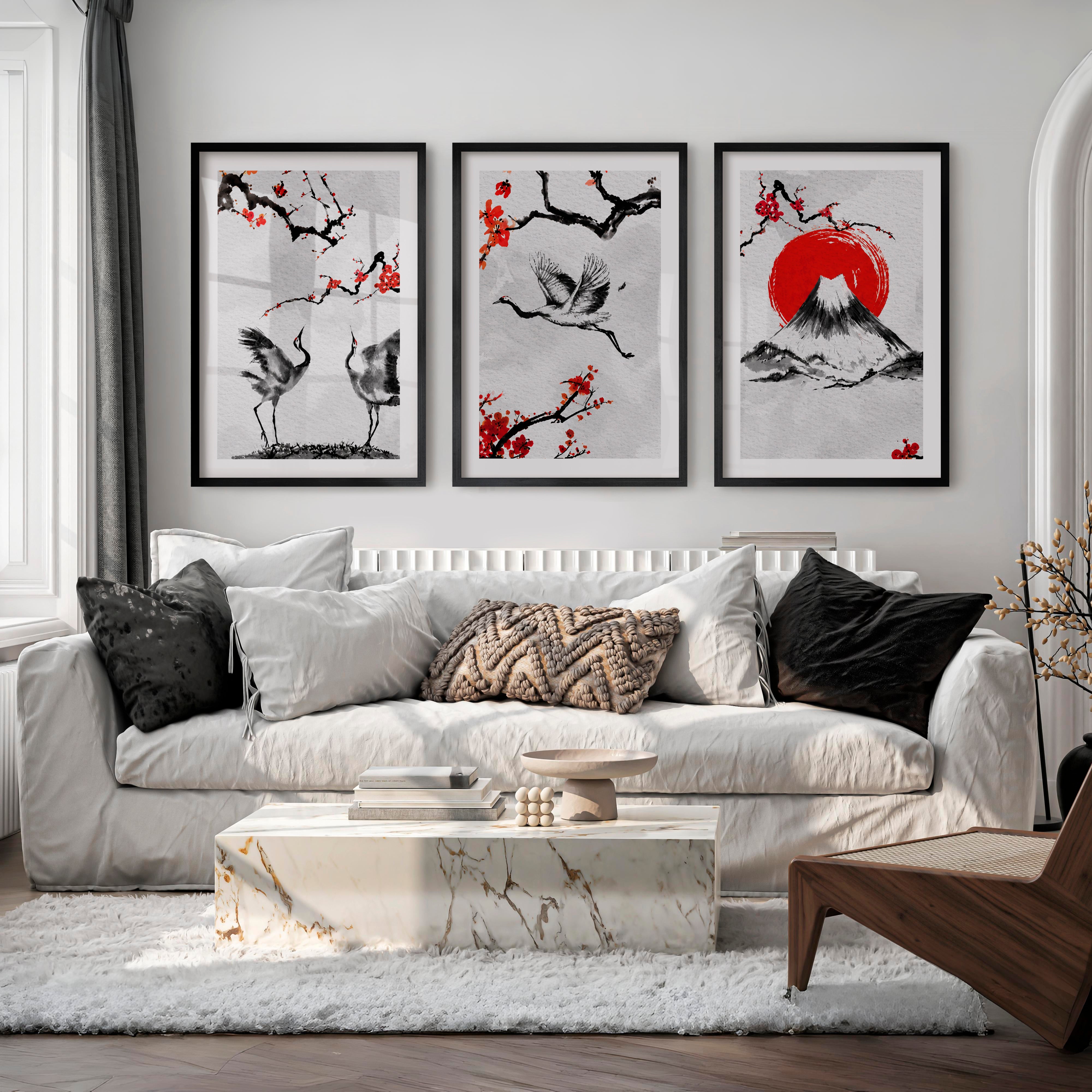 Japanese Wave Art Featuring Ocean Waves and Mountains - Black Framed Poster with White Border - Artworksets