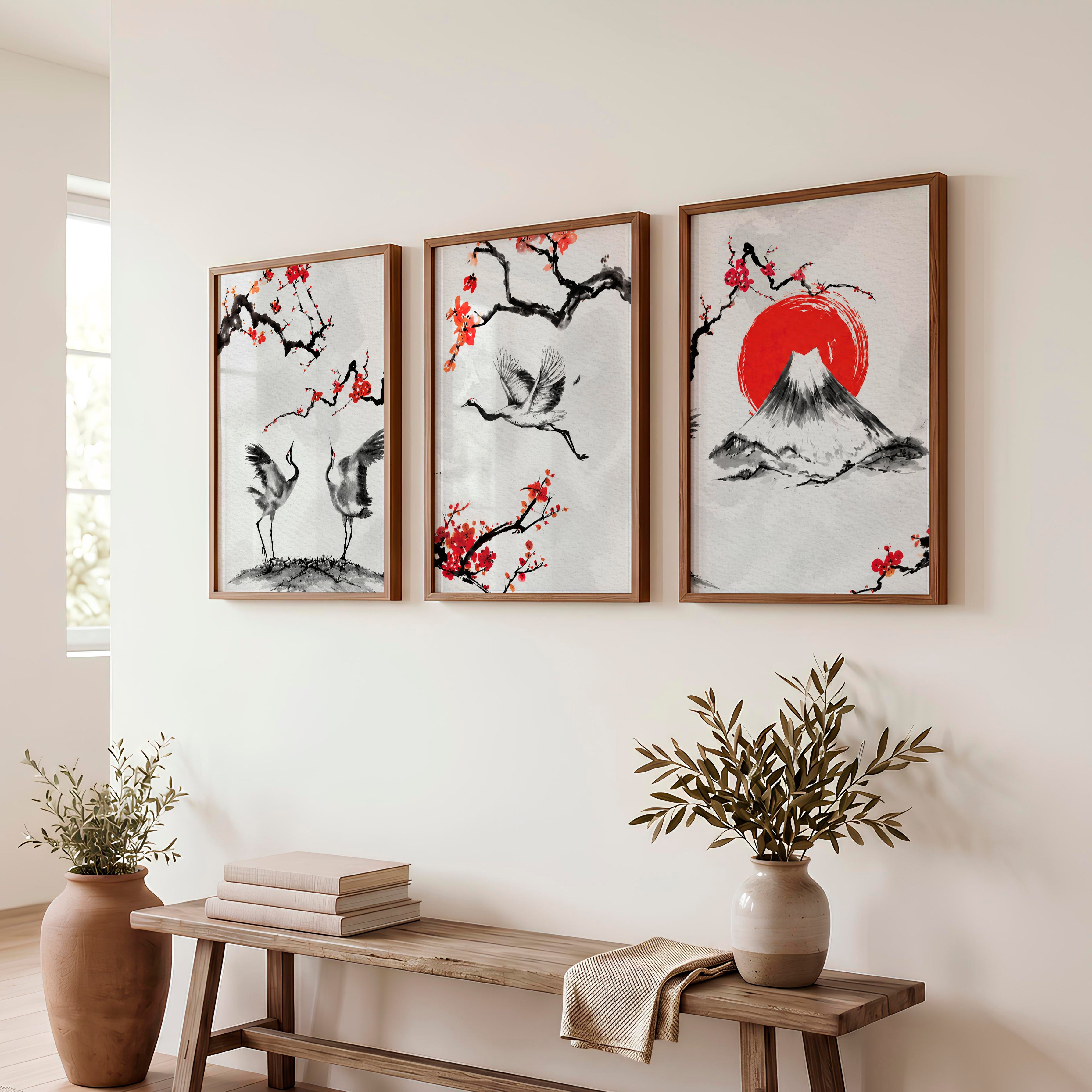 Japanese Wave Art Featuring Ocean Waves and Mountains - Dark Brown Framed Poster No Border - Artworksets