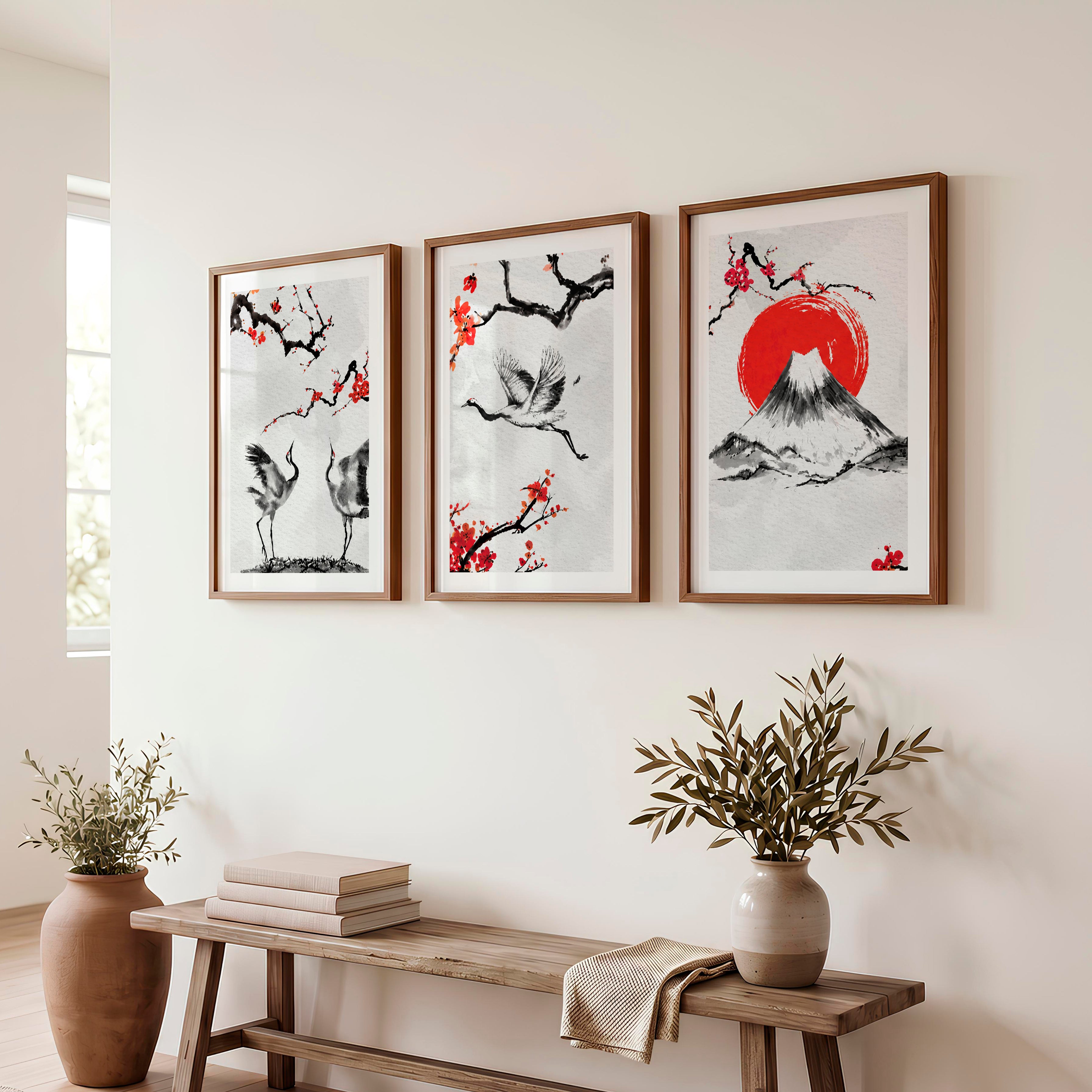 Japanese Wave Art Featuring Ocean Waves and Mountains - Dark Brown Framed Poster with White Border - Artworksets