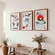 Japanese Wave Art Featuring Ocean Waves and Mountains - Dark Brown Framed Poster with White Border - Artworksets