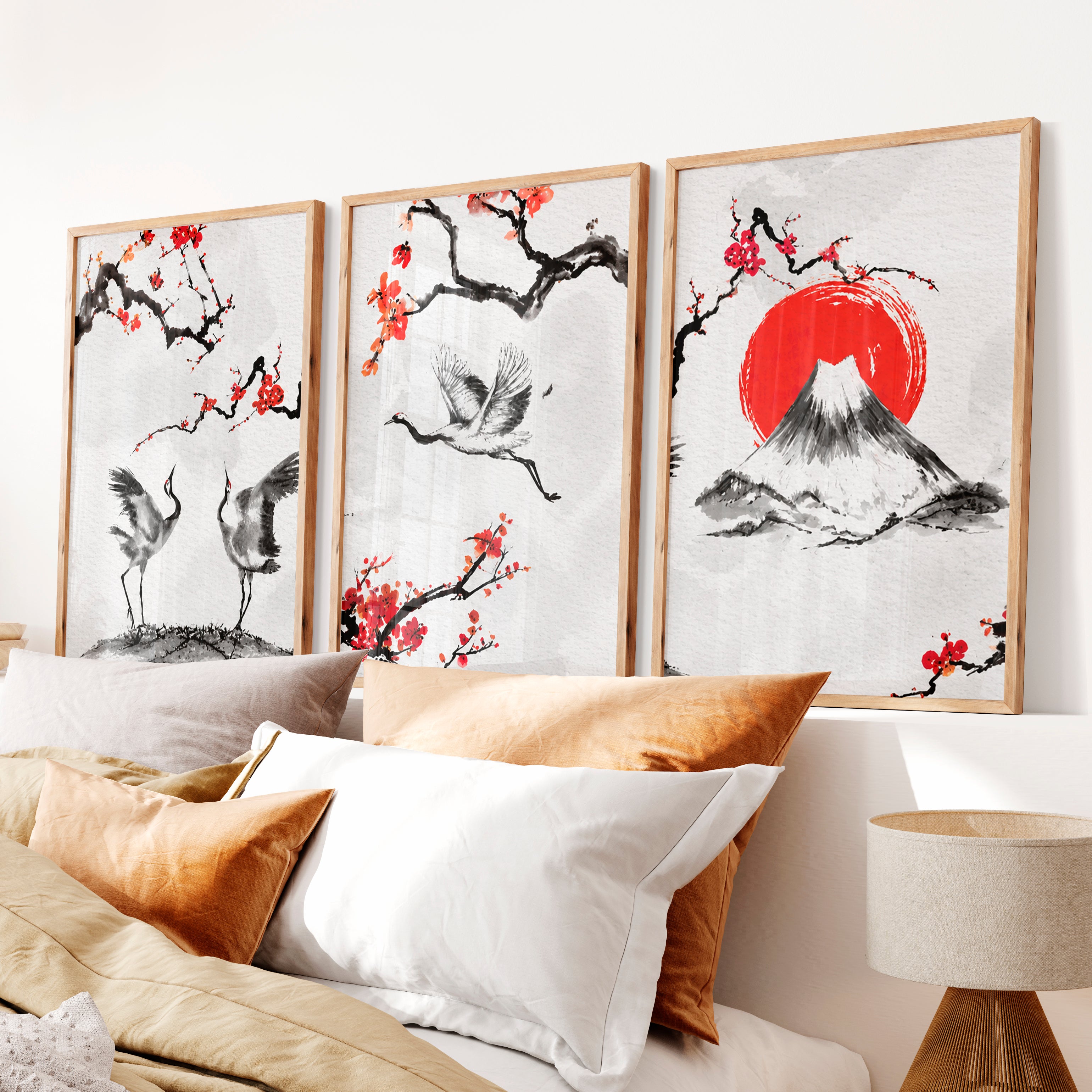Japanese Wave Art Featuring Ocean Waves and Mountains - Natural Wood Framed Poster No Border - Artworksets