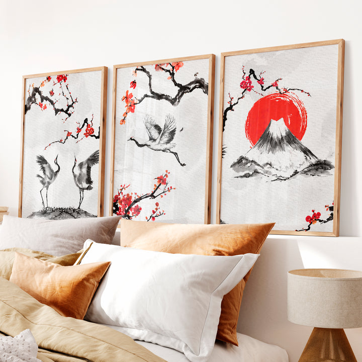Japanese Wave Art Featuring Ocean Waves and Mountains - Natural Wood Framed Poster No Border - Artworksets
