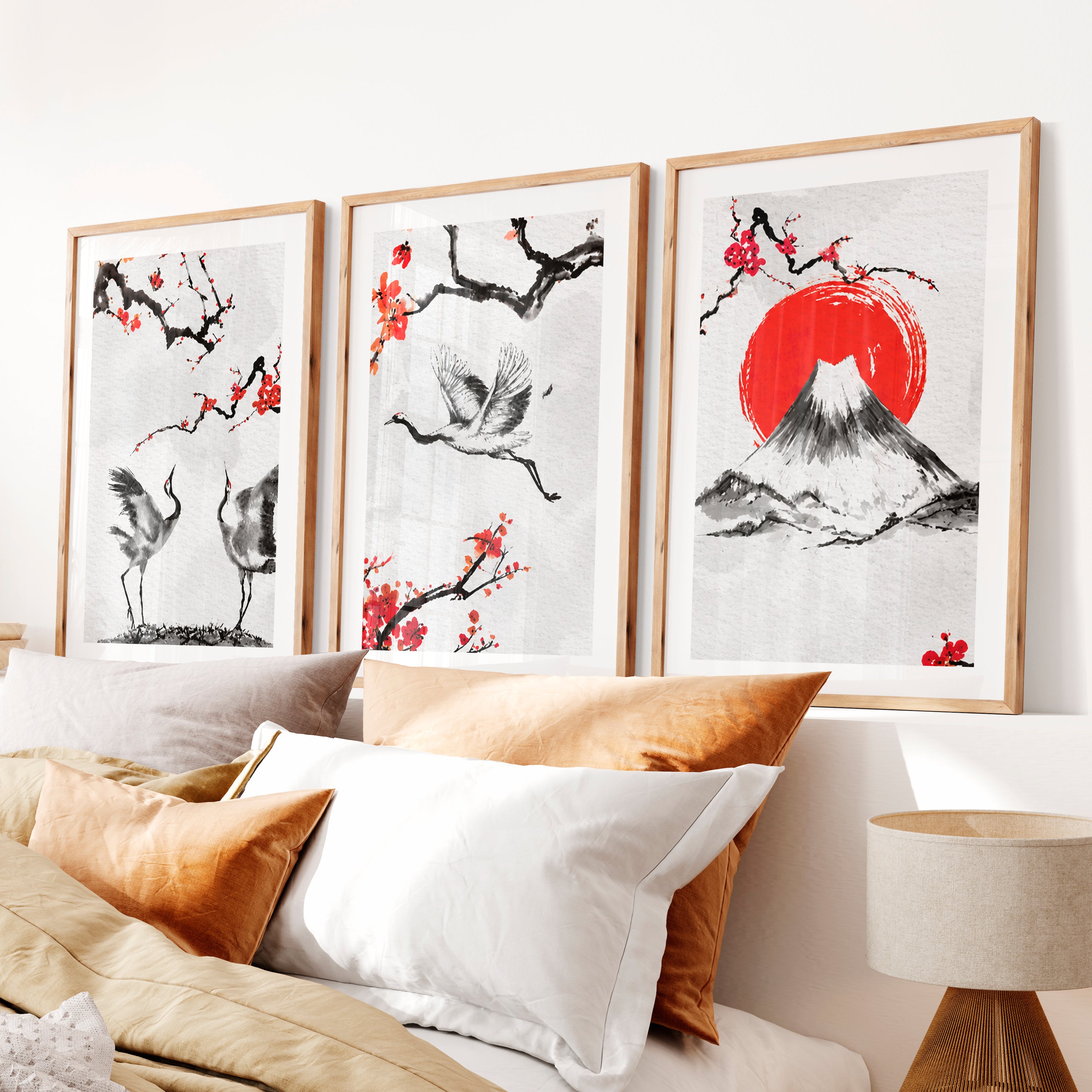 Japanese Wave Art Featuring Ocean Waves and Mountains- Natural Wood Framed Poster with White Border - Artworksets
