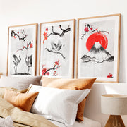 Japanese Wave Art Featuring Ocean Waves and Mountains- Natural Wood Framed Poster with White Border - Artworksets