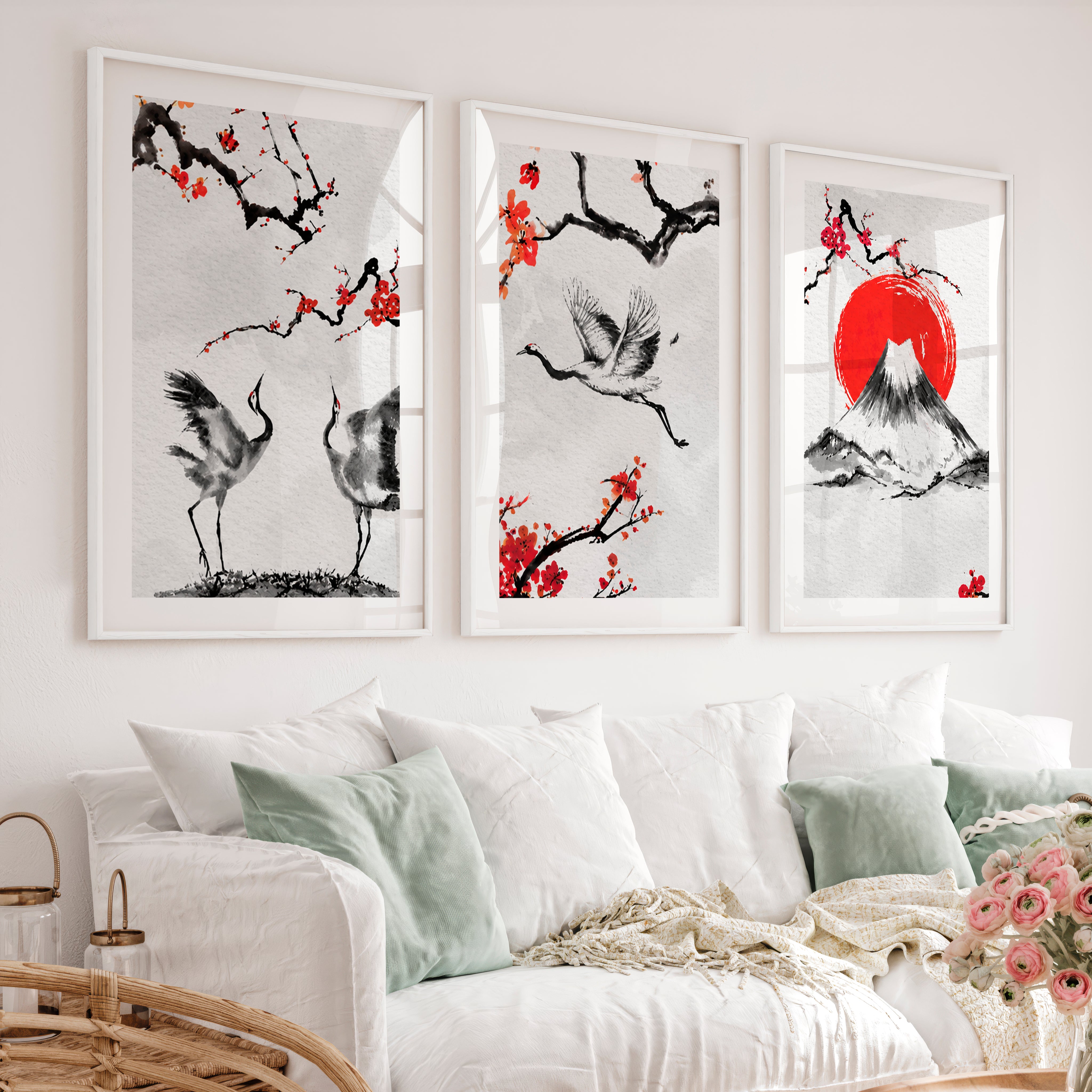 Japanese Wave Art Featuring Ocean Waves and Mountains - White Framed Poster with White Border - Artworksets