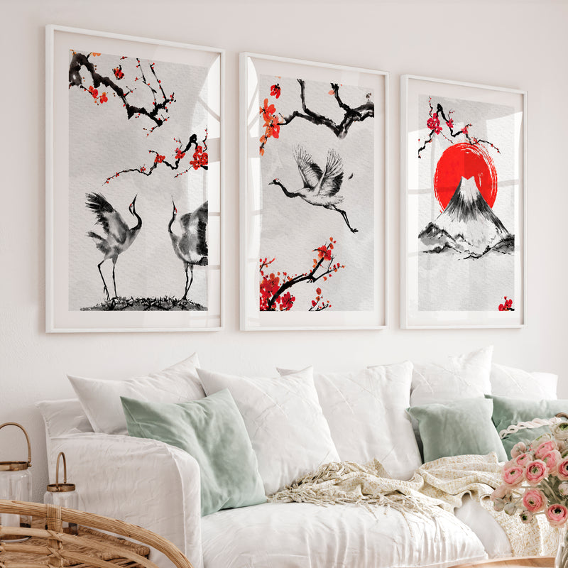 Japanese Wave Art Featuring Ocean Waves and Mountains - White Framed Poster with White Border - Artworksets